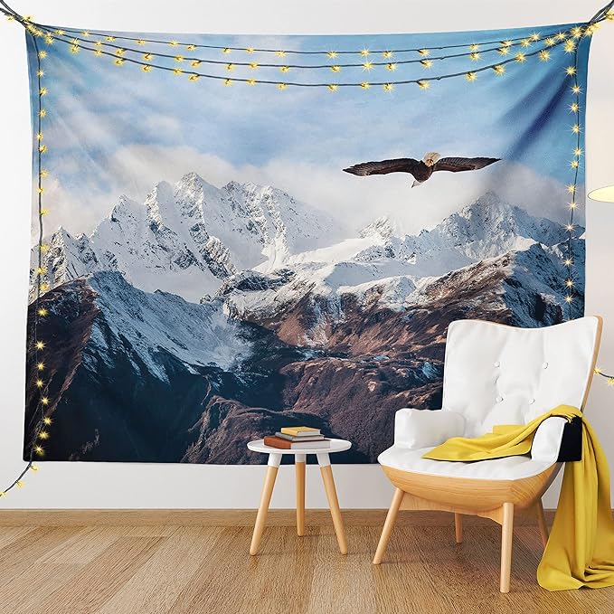 Ambesonne Mountain Tapestry King Size, Frozen Peaks Tops of the Mountain with a Flying Eagle Free in Nature Photo, Wall Hanging Bedspread Bed Cover Wall Decor, 104" X 88", Brown White Blue