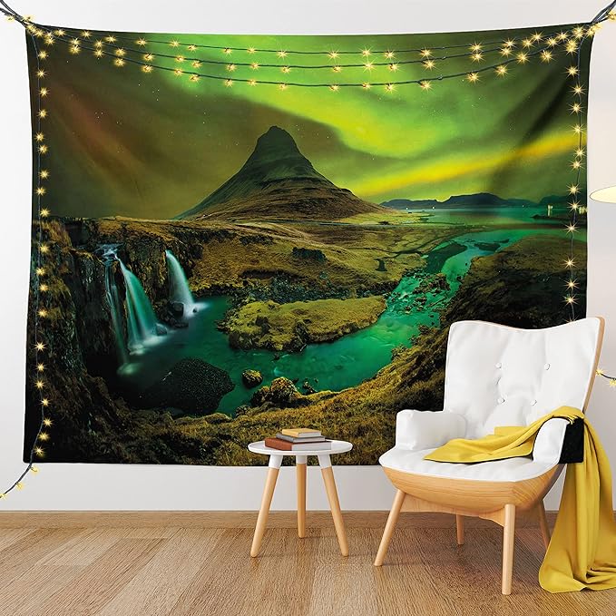 Ambesonne Aurora Borealis Tapestry, Pale Weather over the Hills Waterfall Creek Nature Landscape, Fabric Wall Hanging Decor for Bedroom Living Room Dorm, 45" X 30", Olive Green