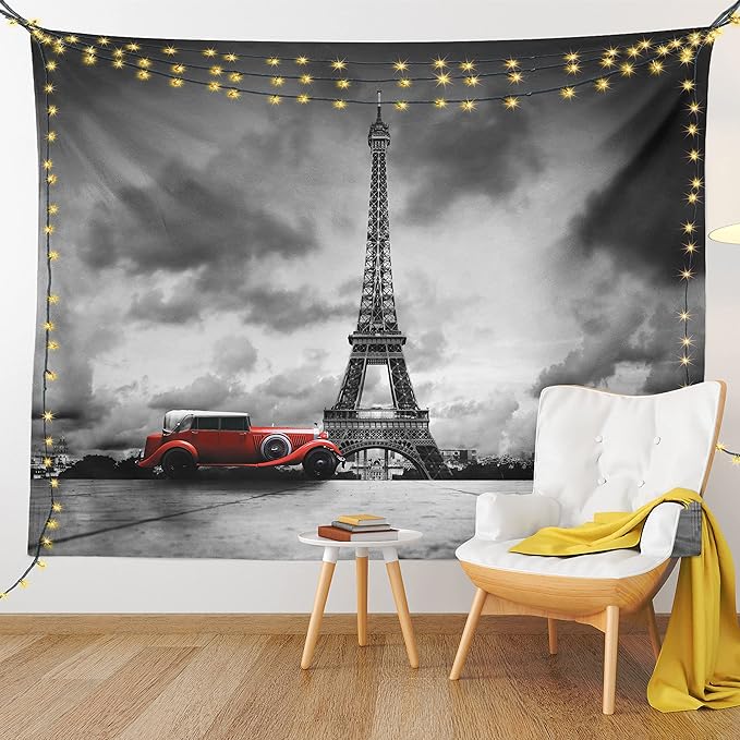Ambesonne Eiffel Tower Tapestry, Image of Eiffel Tower Paris France Vintage Car Street Dark Clouds, Fabric Wall Hanging Decor for Bedroom Living Room Dorm, 30" X 45", Black Red