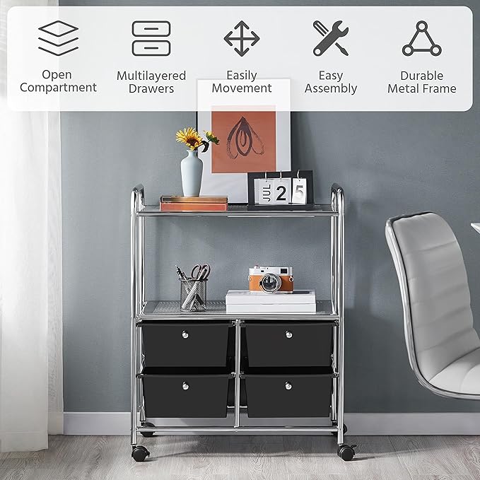 Yaheetech Rolling Storage Cart with 4 Drawers 2 Shelves Plastic Trolley on Wheels for Home Office School Beauty Salon, Black