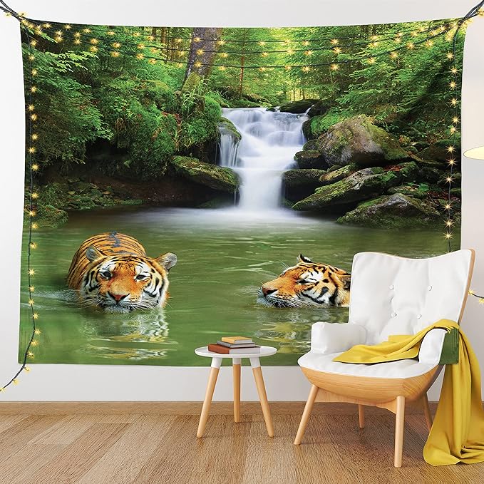 Ambesonne Savannah Tapestry, Siberian Tigers in Water Waterfall Pool Woodland Swimming Natural, Fabric Wall Hanging Decor for Bedroom Living Room Dorm, 23" X 28", Reseda Green Orange