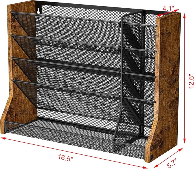 Wall Desk File Organizer 5 Tiers, Ironwood Hanging File Organizer with R-shaped Tray, Wall File Holder for Office Home, 4 Pull-Out Divider and Pen Slots to Sort File,Mail,Newspaper,Pen, Brown