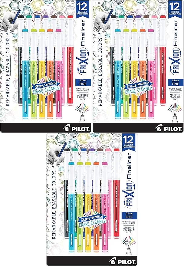 PILOT FriXion Fineliner Erasable Marker Pens, Fine Point, Assorted Color Inks, 12-Pack (11452), Pack of 1
