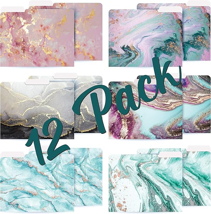 Better Office Products Decorative File Folders, 12 Pack, 6 Designs, Heavyweight, Letter Size (9.5" x 11.5") with 1/3 Cut Tab, Marble Designs, Fashion Folders