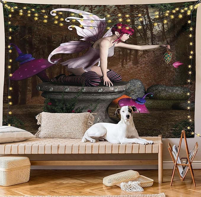 Ambesonne Tale Tapestry Queen Size, Dimensional Mythical Creature Design Artifact on Pedestal Forest Print, Wall Hanging Bedspread Bed Cover Wall Decor, 88" X 88", Red Purple Grey