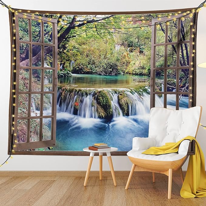 Ambesonne Waterfall Tapestry, Wide Waterfall Deep down in the Forest Seen from a City Window Epic Surreal Print, Fabric Wall Hanging Decor for Bedroom Living Room Dorm, 30" X 45", Brown Black