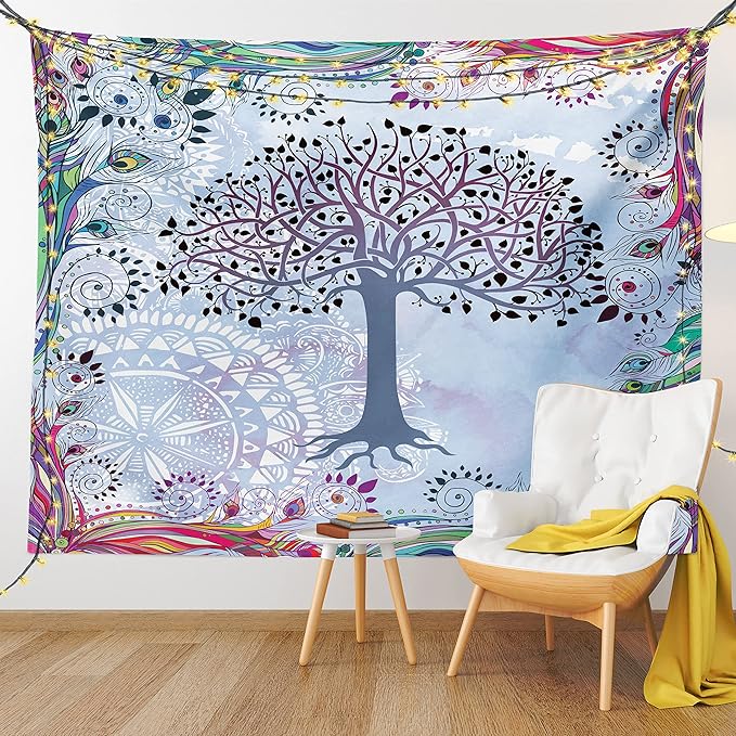 Ambesonne Nature Tapestry, Tree of Life Motif Peacock Feathers Tribal Vintage Prehistoric Flora Illustration, Fabric Wall Hanging Decor for Bedroom Living Room Dorm, 28" X 23", Blue