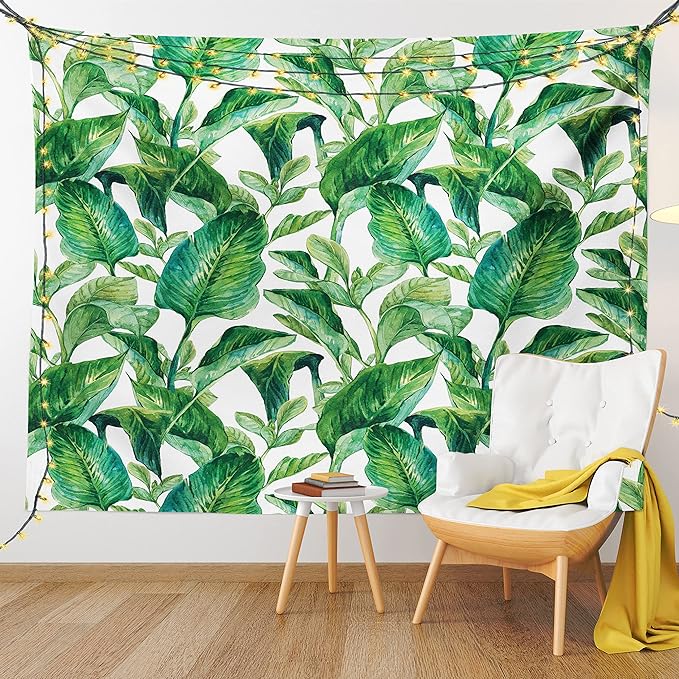 Ambesonne Leaf Tapestry Queen Size, Romantic Holiday Island Hawaiian Banana Trees Watercolored Image, Wall Hanging Bedspread Bed Cover Wall Decor, 88" X 88", Forest Green