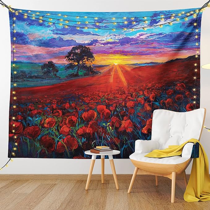 Ambesonne Country Tapestry, Clouds at Sunset Paint Scenery of Poppy Flower Garden on Valley with Horizon, Fabric Wall Hanging Decor for Bedroom Living Room Dorm, 23" X 28", Burgundy Deep Sky Blue