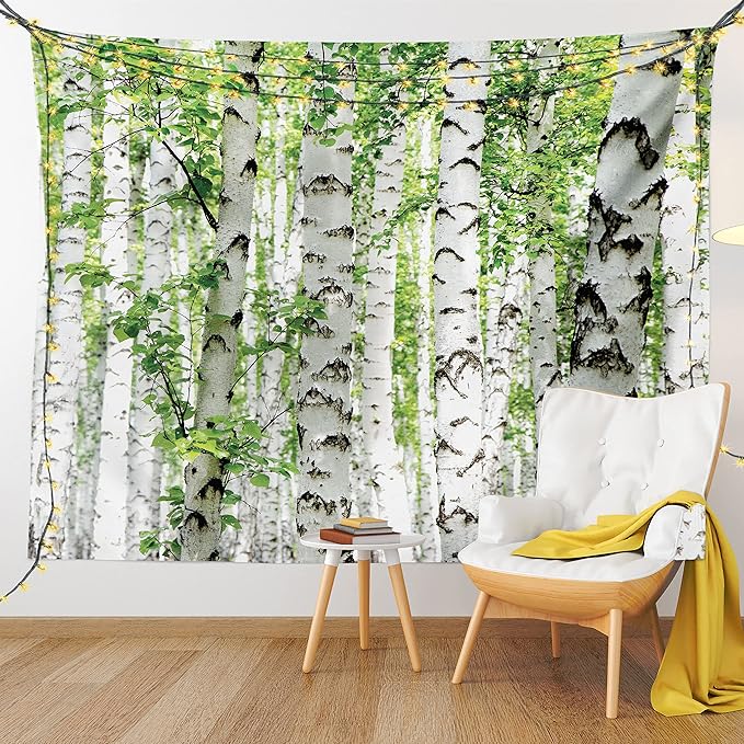 Ambesonne Woodland Tapestry Twin Size, Birch Trees in The Forest Summertime Wildlife Nature Outdoors Themed Picture, Wall Hanging Bedspread Bed Cover Wall Decor, Twin Size, White Green