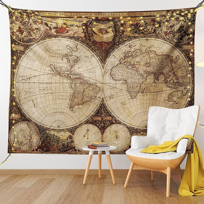 Ambesonne World Map Tapestry, Old World Map Drawn in 1720s Nostalgic Style Art Historical Atlas Vintage Design, Fabric Wall Hanging Decor for Bedroom Living Room Dorm, 45" X 30", Multicolor