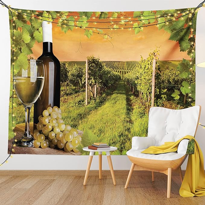 Ambesonne Winery Tapestry, Bottle and Glass of Wine and Vineyards of Sunset Countryside Romantic Evening View, Fabric Wall Hanging Decor for Bedroom Living Room Dorm, 23" X 28", Orange Green