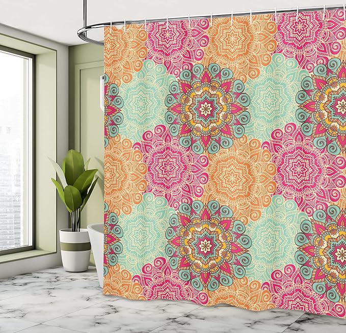 Ambesonne Mandala Shower Curtain, Antique Mandala Patterns Circles in Vintage Colors Native Tribal Ornamental, Cloth Fabric Bathroom Decor Set with Hooks, 75" Long, Fuchsia Orange