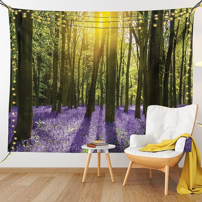 Ambesonne Woodland Tapestry, Sunbeams in the Forest of Bluebells Blooms Deep in Woodland Oxfordshire, Wall Hanging for Bedroom Living Room Dorm Decor, 60" X 80", Violet Green Yellow