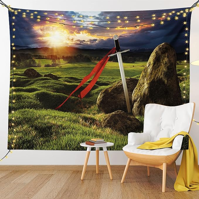 Ambesonne King Tapestry, Arthur Camelot Myth in England Ireland Fields Invincible Myth Image, Fabric Wall Hanging Decor for Bedroom Living Room Dorm, 23" X 28", Green Blue Red