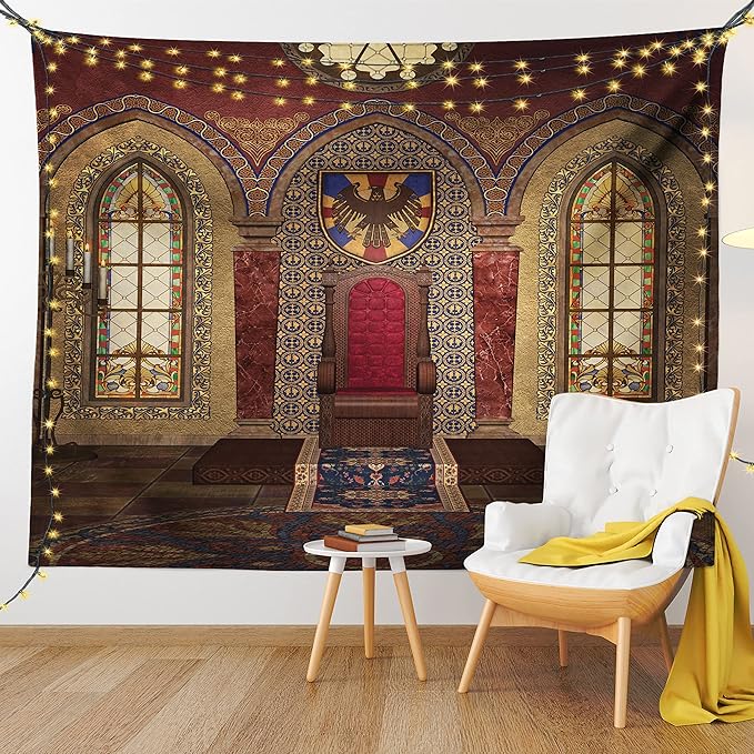 Ambesonne Gothic Tapestry, Red Medieval in Chapel Eagle Portrait on Wall Fantasy Building Print, Wide Wall Hanging for Bedroom Living Room Dorm, 60" X 40", Brown Ruby