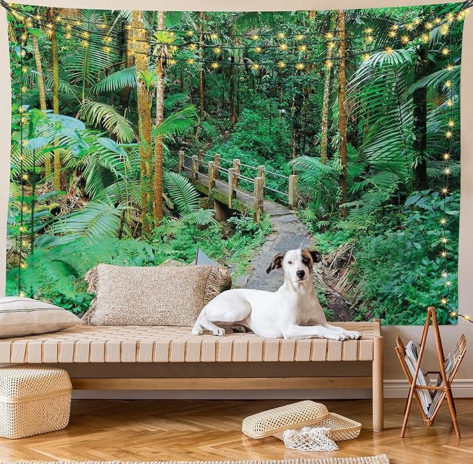Ambesonne Puerto Rico Tapestry Twin Size, Tropical Rain Forest in San Juan Exotic Jungle Nature Photography, Wall Hanging Bedspread Bed Cover Wall Decor, 68" X 88", Green Pale Brown Ginger