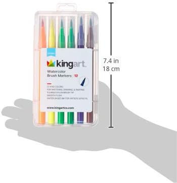 KINGART 'Watercolor-Effect' Brush Markers, 12 Colors - Brightly Colored Markers, Journaling, Lettering, Kids and Adult Coloring Books, and More, Convenient Carrying Case