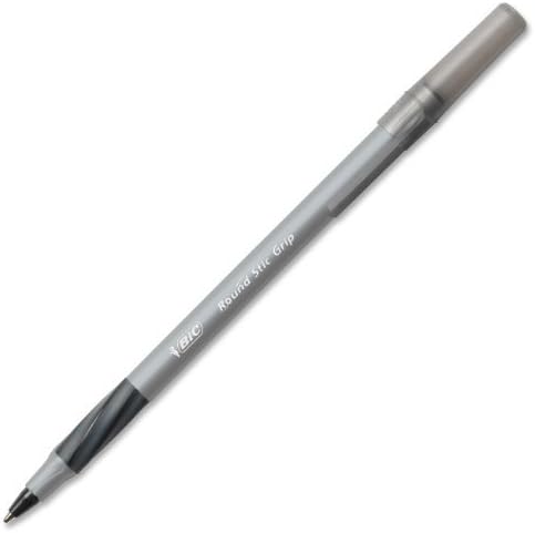 BIC Round Stic Grip Xtra-Comfort Ballpoint Pens, Medium Point, 1.2 mm, Gray Barrel, Black Ink, Pack Of 12 Pens