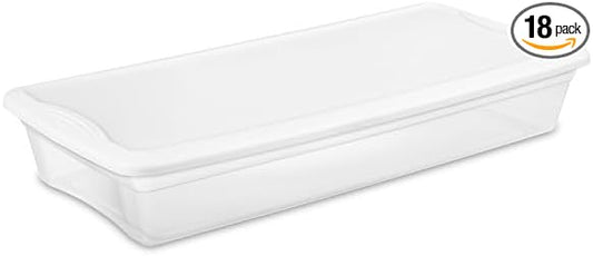 Sterilite 18 Pack Storage Box, 41 Quart Stackable Tote, Clear Plastic Container with Secure Snapping Lids for Home and Office Organization, White