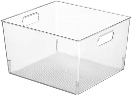 mDesign Large Plastic Office Storage Organizer Container Bin with Handles - Basket for Cabinet, Cupboard, Desk, Closet and Shelf Organization - Holds Notebook, Books - Ligne Collection, 8 Pack, Clear