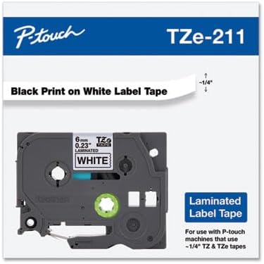 Brother Genuine P-Touch 2-Pack TZe-211 Laminated Tape, Black Print on White Standard Adhesive Laminated Tape for P-Touch Label Makers, Each Roll is 0.23"/6mm (1/4") Wide, 26.2 (8M) Long