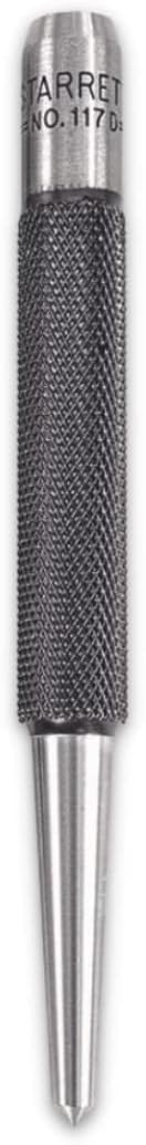 Starrett Steel Center Punch with Round Shank and Knurled Finger Grip - Hardened and Tempered Steel, 4" Length, 5/32" Diameter Tapered - 117D