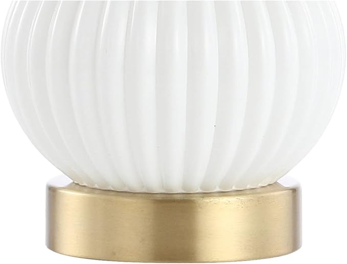 JONATHAN Y 20" White/Brass Gold Ribbed Gourd Glass Table Lamp, Modern Bedside Lamp for Bedroom Living Room, White Linen Drum Shade, LED Bulb Included JYL1099A