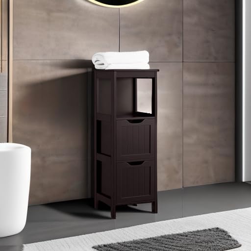 Yaheetech Bathroom Floor Cabinet, Wooden Storage Cabinet with 2 Drawers and 1 Shelf, Multifunctional Side Organizer Rack Stand Table, D11.8xW11.8xH35 Inches Espresso