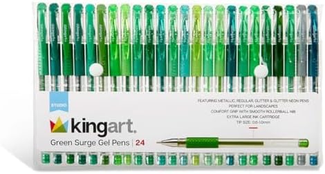 KINGART Green Tones Rollerball Gel Pens, Set of 24 Colors, XL Ink Cartridge - More Ink, All Ages, Writing, Coloring, Doodling, Scrapbooking, Journaling & More