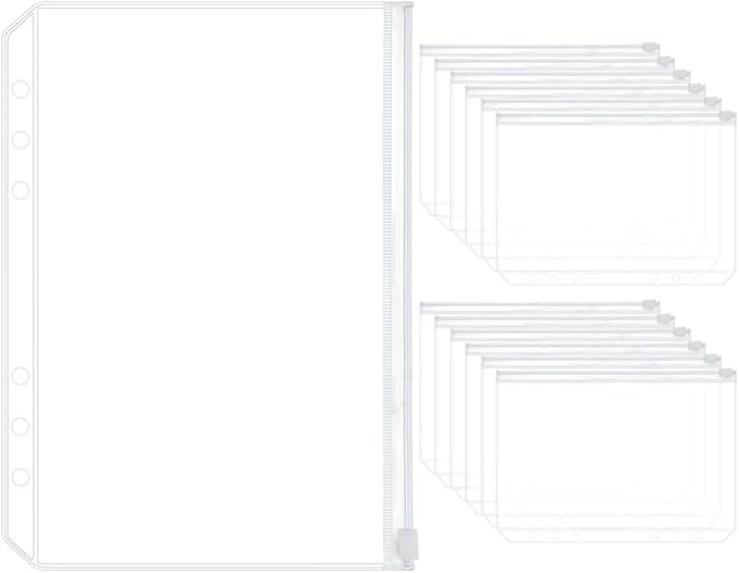 12PCS A5 Clear Zipper Binder Pockets with 6 Holes for Journal & Budget Filing