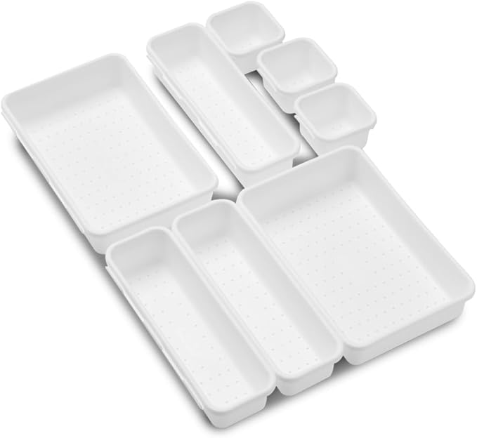 madesmart 8 Piece Interlocking Bin Pack, Modular Drawer & Desktop Organizer for Office Supplies, Tools, Kitchen Utensils & Bathroom Items, Configurable Storage System, White