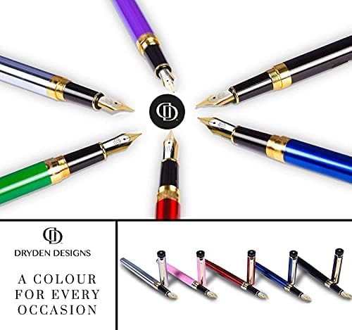 Dryden Designs Fountain Pen. Medium Nib Premium Box | 6 Ink Cartridges Included (Emerald Green)