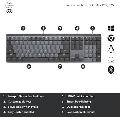 Logitech MX Mechanical Wireless Illuminated Performance Keyboard, Clicky Switches, Backlit Keys, Bluetooth, USB-C, macOS, Windows, Linux, iOS, Android, Metal