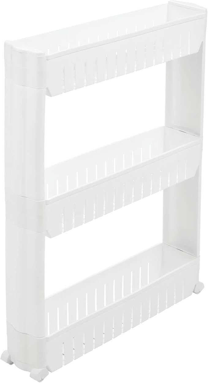 mDesign Slim Plastic Rolling Laundry Utility Cart, Portable Storage Organizer Trolley - Easy-Glide Wheels and 3 Heavy-Duty Shelves, for Laundry, Utility Room, Kitchen or Pantry Storage - White