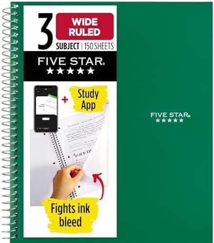Five Star Spiral Notebook + Study App, 3 Subject, Wide Ruled Paper, 8" x 10-1/2", 150 Sheets, Fights Ink Bleed, Water Resistant Cover, Forest Green (73176) (Pack of 6)