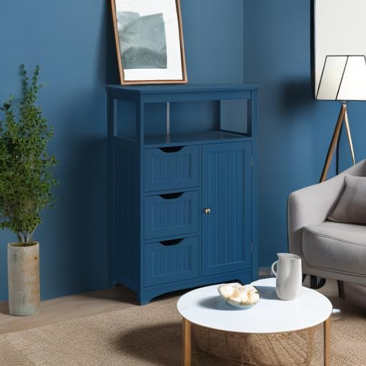 Yaheetech Bathroom Floor Cabinet, Free Standing Wooden Storage Organizer Multiple Tiers Storage Living Room Cabinet, Navy Blue