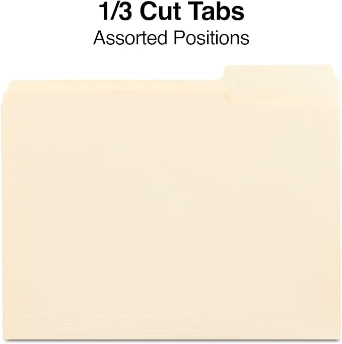 Staples File Folders, Letter Size, 1/3‑Cut Tabs, Assorted Positions, Manila, Durable Paper Stock, 100/Pack