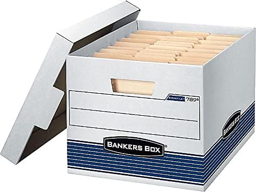 Bankers Box 0078907 STOR/FILE Med-Duty Letter/Legal Storage Boxes, Locking Lid, White/Blue, 4/Carton