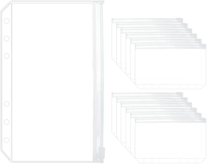 12PCS A6 Clear Zipper Binder Pockets - 6 Holes Pouches Bag for Loose-Leaf Journal Budget Filing