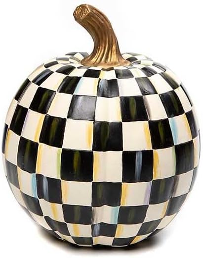 MACKENZIE-CHILDS Small Decorative Pumpkin for Fall Decor, Autumn Decorations for Home, Black-and-White Courtly Check