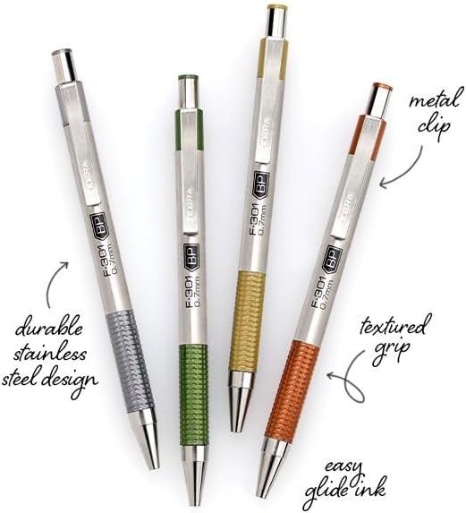 Zebra Pen F-301 Signature Series Retractable Ballpoint Pen, 0.7mm, Black Easy-Glide Ink, Stainless-Steel Barrel with Sage Earth Tone Accents, Ideal for Office, Journal and Planner Use, 4-Pack (27244)