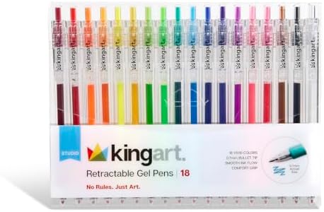 KINGART Retractable Gel Pens, 18-Count Set: Assorted Vibrant Gel Ink Colors for Ultra-Smooth Writing, Adult Coloring, Detailed Art, Journaling, Scrapbooking, and School Supplies.