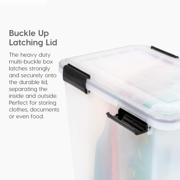 IRIS USA 41 Quart WEATHERPRO Plastic Storage Box with Durable Lid and Seal and Secure Latching Buckles, 4 Pack, Weathertight, Keep Pest Dust and Moisture Out, for Oversized Bulky Items, Clear/Black