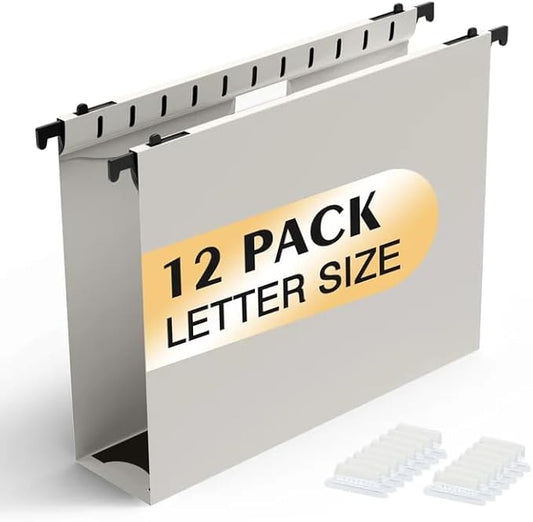 Extra Capacity Plastic Hanging File Folders,12 Pack Reinforced Hang Folders,Heavy Duty 2 Inch Expansion,Plastic Filing Cabinet Folders,Letter Size,Designed for Bulk Files, Medical Charts,Grey