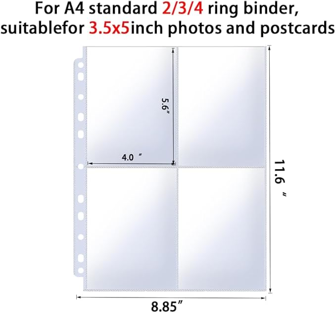 Ultra-Transparent Photo Sleeves Holding 400 Pockets 3.5x5inch Album Refill Pages for 3 Ring Binder, Double-Sided 4 Pocket Pages, Top Loading Sheet Protector Index Card Sleeves 50 Pack