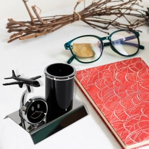 Aeroplane Miniature Metal Pen Stand With Clock, Stylish Stationary Desk Organizer, Pencil Holder, Elegant Corporate Gift Set, Durable Decorative Showpiece For Office