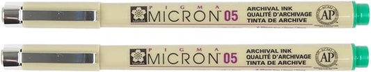 SAKURA PIGMA MICRON 05 FINELINER PEN, 0.45MM LINE WIDTH, PACK OF 2 (Green)