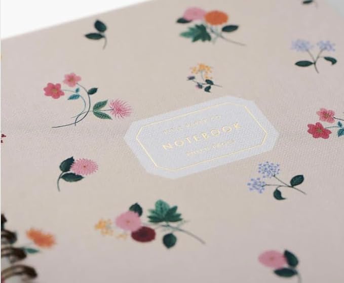 RIFLE PAPER CO. Ditsy Dahlia Spiral Notebook, Full-Color Illustrated Softcover with Gold Foil Accents, 150 Ruled Perforated Pages, 6.25" W x 8.5" L, Pocket Folders for Storage