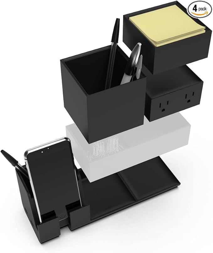 Bostitch Office Konnect Desk Organizer and Charging Station, 2 USB Ports & 2 Plugs, Charges Phones & Tablets, Pencil Cup, 4-Piece Design, Black